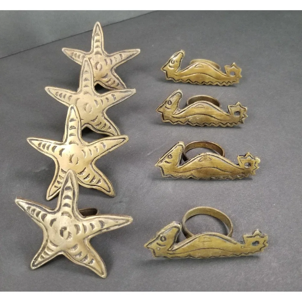 Vintage 1994 DII Brass Napkin Rings Set of 8 Starfish Sea Horse Coastal Nautical
